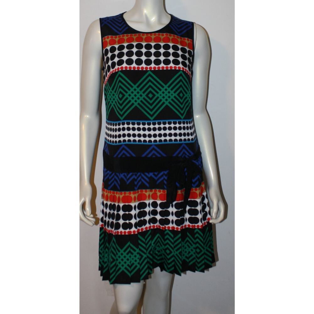 TRINA TURK Dress NWT 4 $298 Black Blue Red Green Polka Dot Geometric Drop Waist